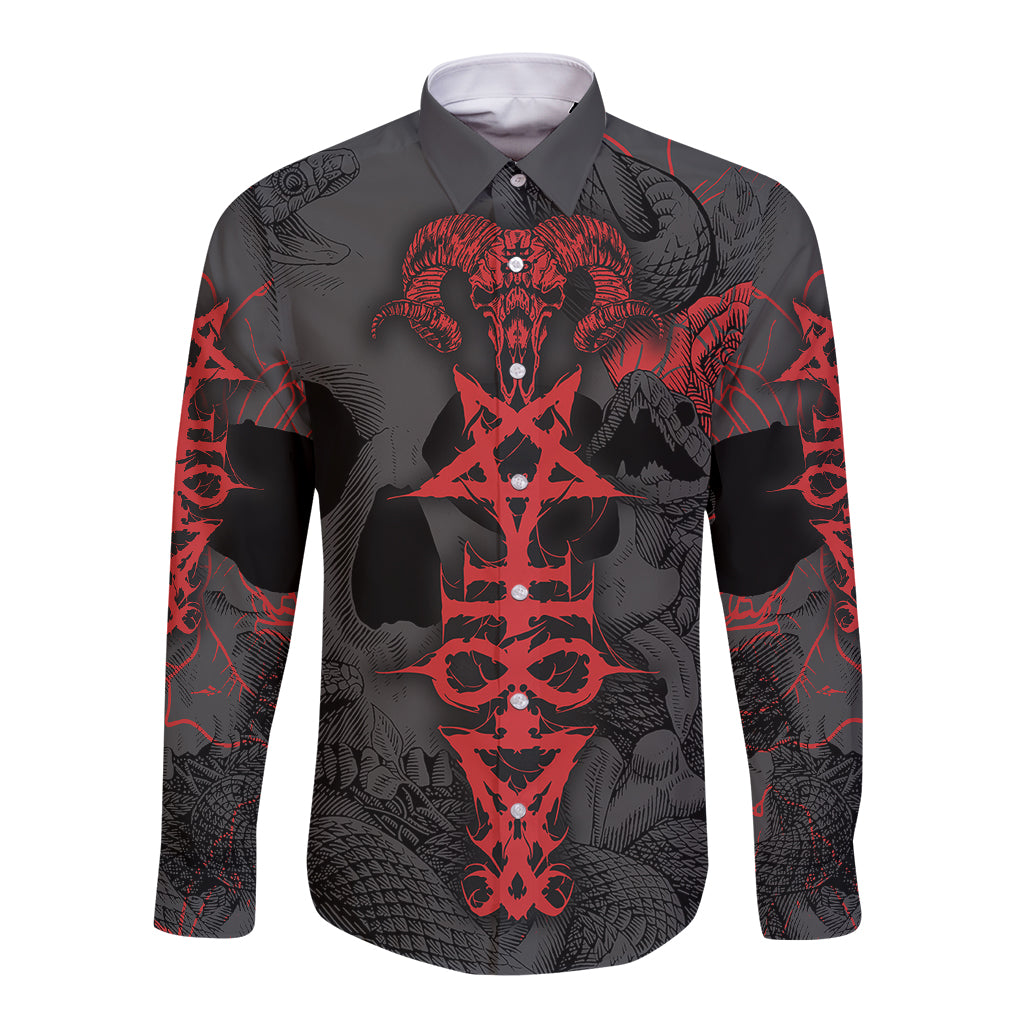 Black long-sleeve button shirt with red grunge satan symbol and skull graphic front