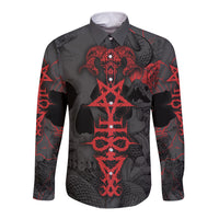 Black long-sleeve button shirt with red grunge satan symbol and skull graphic front
