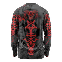 Unisex long-sleeve graphic shirt, black with red skull and satan symbol back
