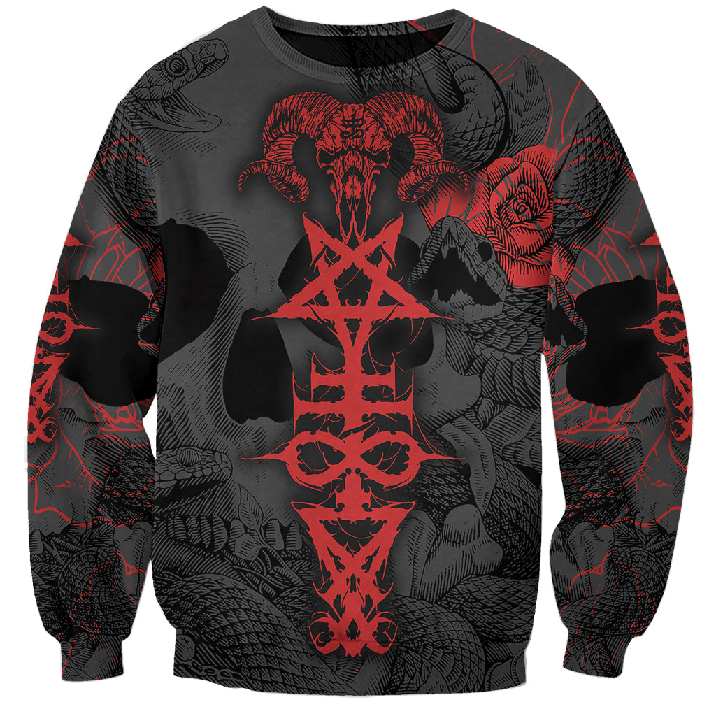 Black grunge sweatshirt with large red emblem and skull/crossbone graphic, crew neck