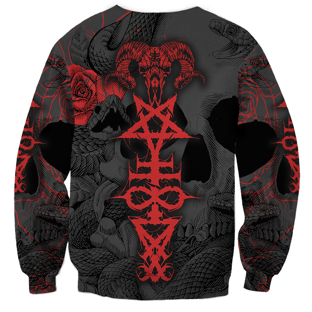 Black grunge sweatshirt with red central emblem and all-over skull pattern, crew neck