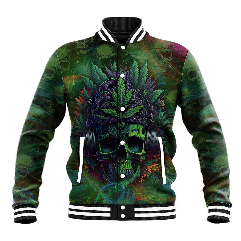 Green baseball jacket with button front, multicolor skull and forest chest graphic