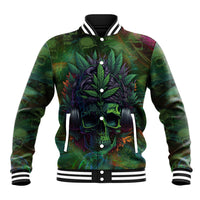 Green baseball jacket with button front, multicolor skull and forest chest graphic