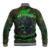 Green baseball jacket with multicolor skull-and-forest back graphic, striped rib trim