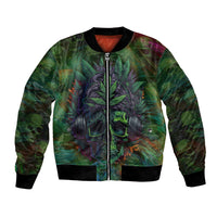 Multicolor bomber jacket with front zipper and faces graphic in tropical foliage pattern