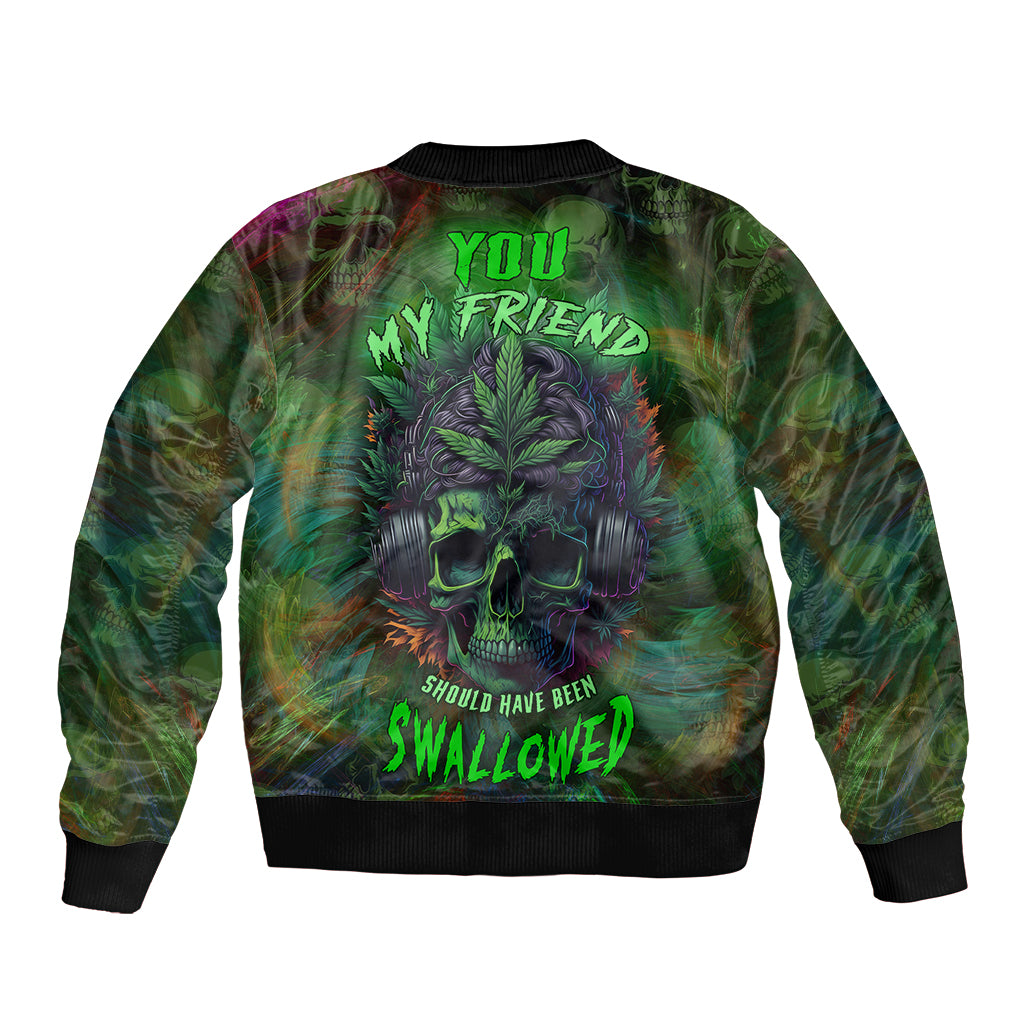 Multicolor bomber jacket with large back graphic and 'Should have been swallowed' text