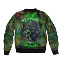 Multicolor bomber jacket with large back graphic and 'Should have been swallowed' text