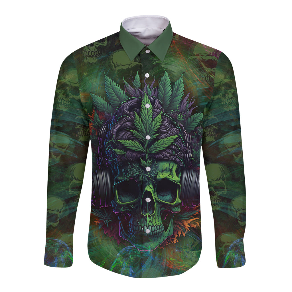 Unisex long sleeve button shirt, dark green with colorful skull jungle front print