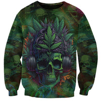 Unisex multicolor graphic sweatshirt with skull wearing green leaf headphones