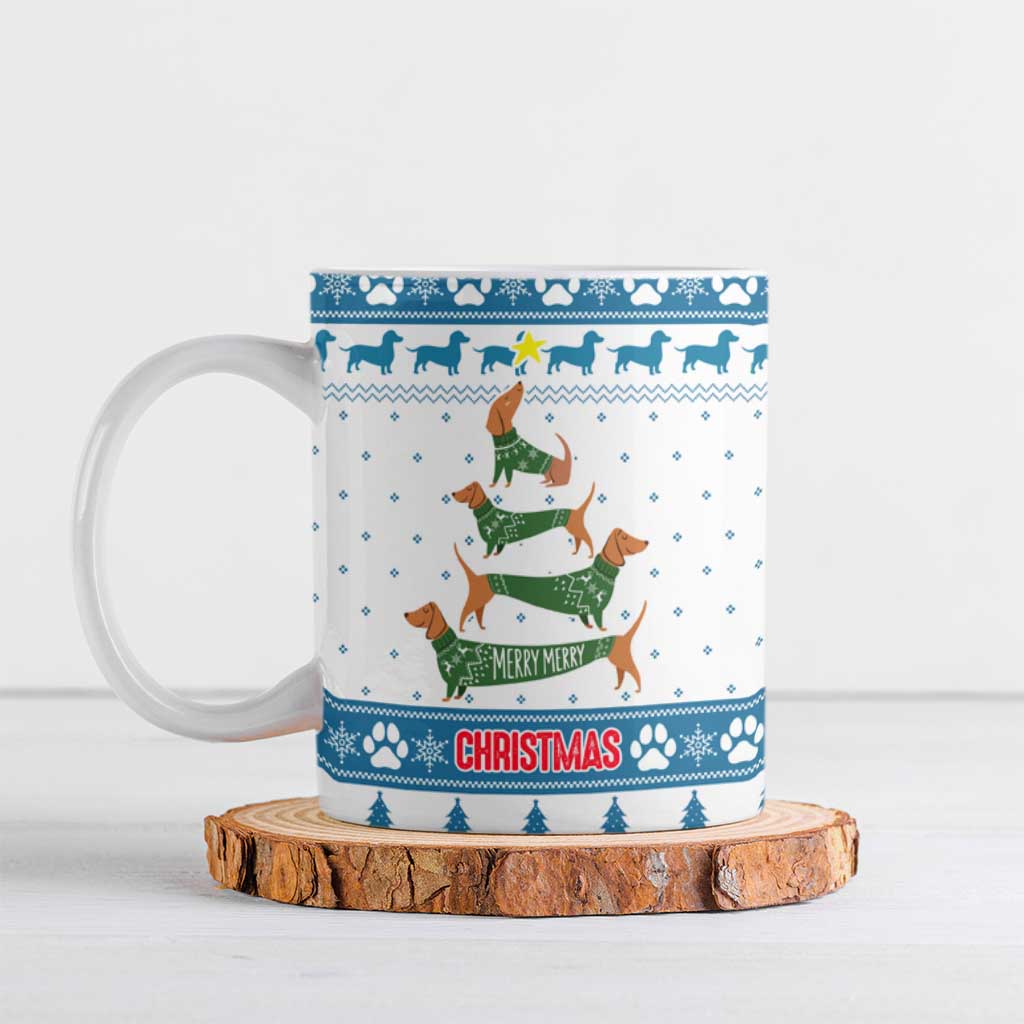 Dachshund Dog Tree Stack Ceramic Mug with Blue White Paw Print Pattern Design - Wonder Print Shop