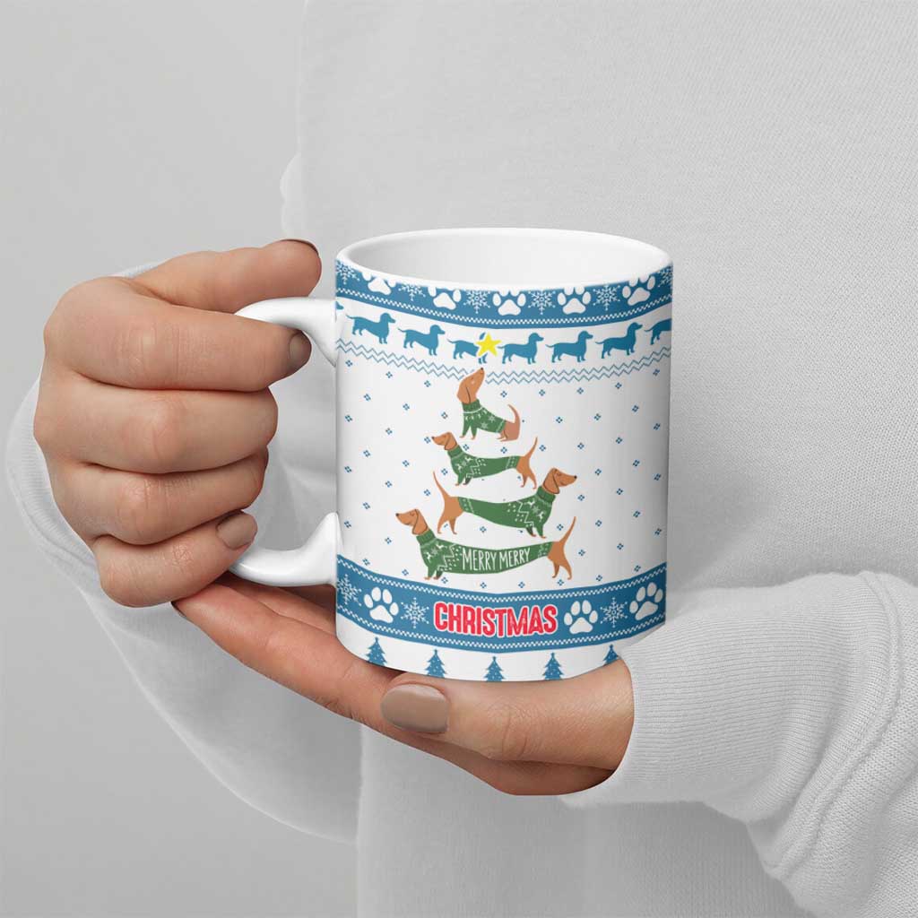 Dachshund Dog Tree Stack Ceramic Mug with Blue White Paw Print Pattern Design - Wonder Print Shop