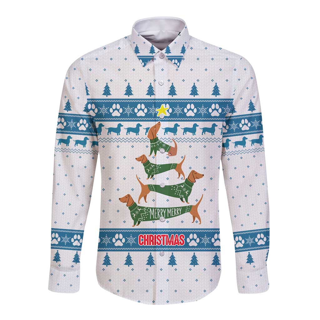 Dachshund Dog Tree Stack Long Sleeve Button Shirt with Blue White Paw Print Pattern Design - Wonder Print Shop