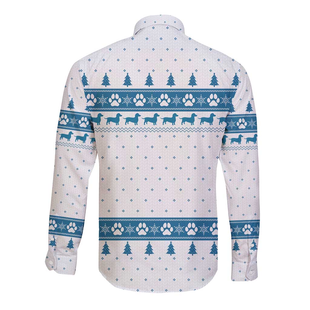 Dachshund Dog Tree Stack Long Sleeve Button Shirt with Blue White Paw Print Pattern Design - Wonder Print Shop