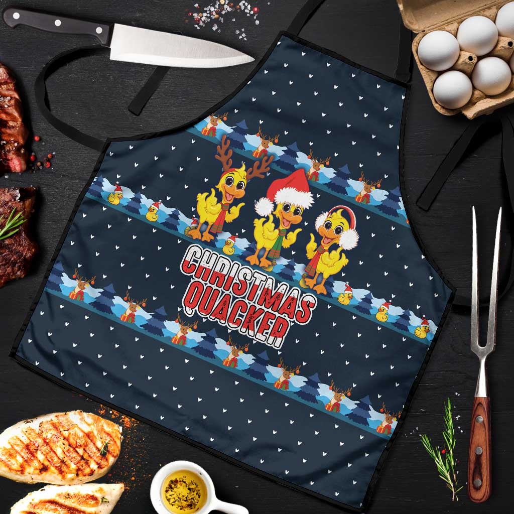 Funny Duck Characters Christmas Quacker Quote Apron with Navy Tree Pattern Design - Wonder Print Shop
