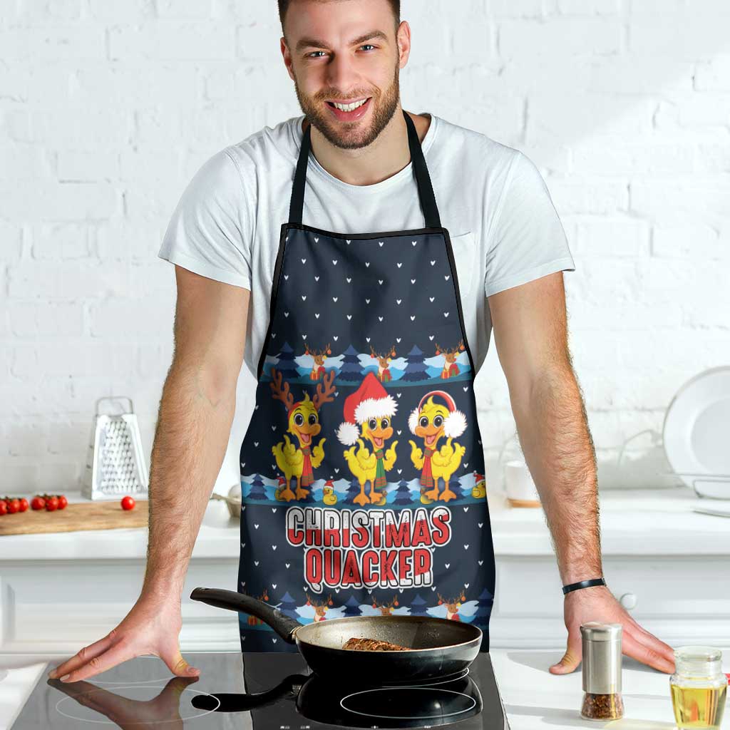 Funny Duck Characters Christmas Quacker Quote Apron with Navy Tree Pattern Design - Wonder Print Shop