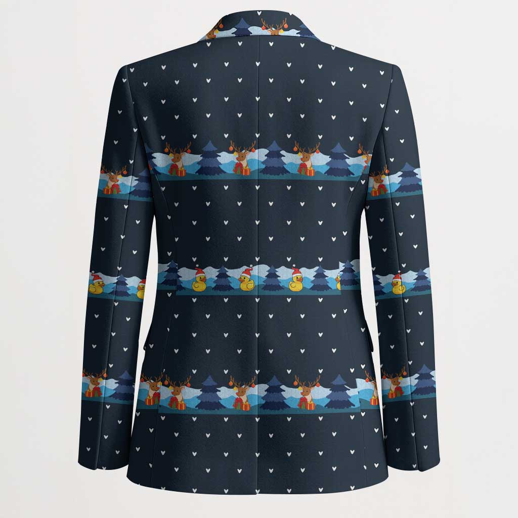Funny Duck Characters Christmas Quacker Quote Blazer with Navy Tree Pattern Design - Wonder Print Shop