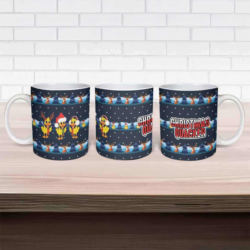 Funny Duck Characters Christmas Quacker Quote Ceramic Mug with Navy Tree Pattern Design - Wonder Print Shop