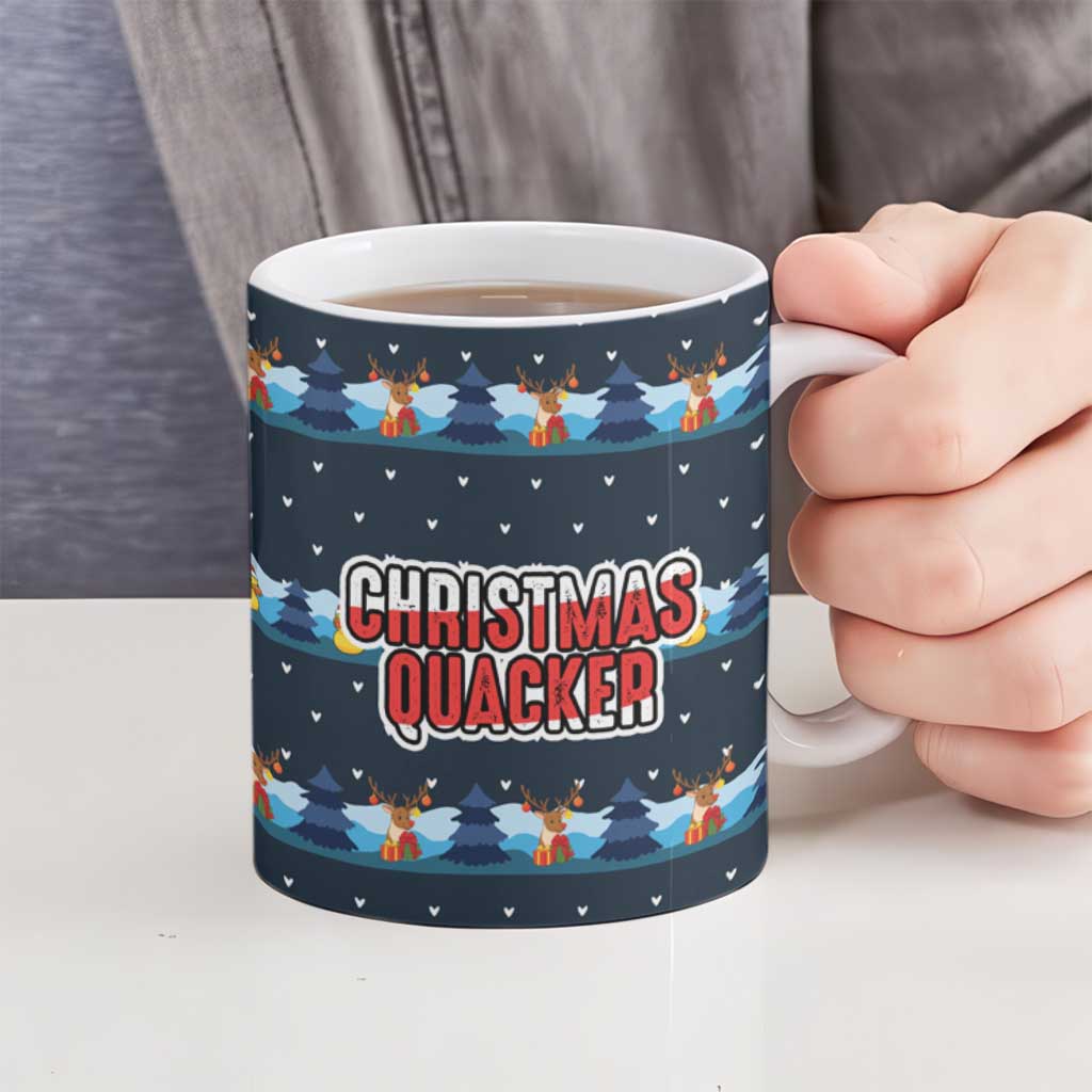 Funny Duck Characters Christmas Quacker Quote Ceramic Mug with Navy Tree Pattern Design - Wonder Print Shop