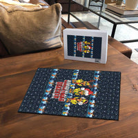 Funny Duck Characters Christmas Quacker Quote Puzzle with Navy Tree Pattern Design - Wonder Print Shop