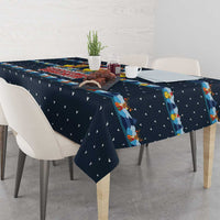 Funny Duck Characters Christmas Quacker Quote Tablecloth with Navy Tree Pattern Design - Wonder Print Shop