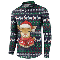 Cute Reindeer in Santa Hat Button Sweatshirt with Red Green Snowflake Knit Pattern Design - Wonder Print Shop