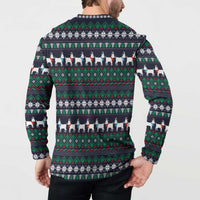 Cute Reindeer in Santa Hat Button Sweatshirt with Red Green Snowflake Knit Pattern Design - Wonder Print Shop
