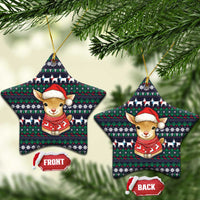 Cute Reindeer in Santa Hat Ceramic Ornament with Red Green Snowflake Knit Pattern Design - Wonder Print Shop