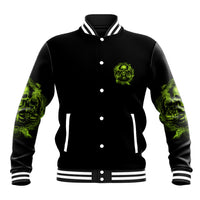 Black snap-front baseball jacket with green skull chest patch and striped ribbed trim