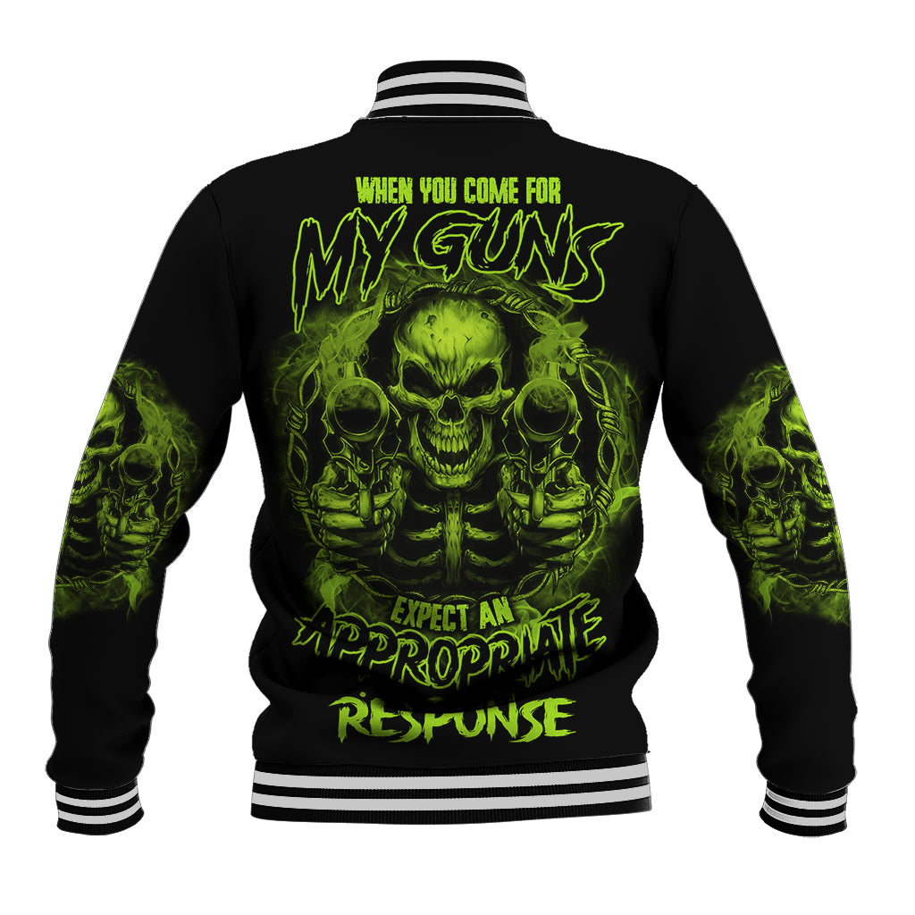 Black baseball jacket with green skull graphic, striped ribbed collar and cuffs