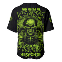 Black baseball jersey with neon green skull graphic on back and curved text