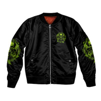 Unisex black bomber jacket with front zip and neon green skull graphic