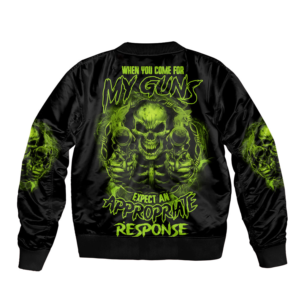 Unisex black bomber jacket with neon green skull graphic on back