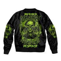 Unisex black bomber jacket with neon green skull graphic on back