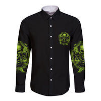 Black long-sleeve button shirt with neon green skull chest pocket and sleeve prints