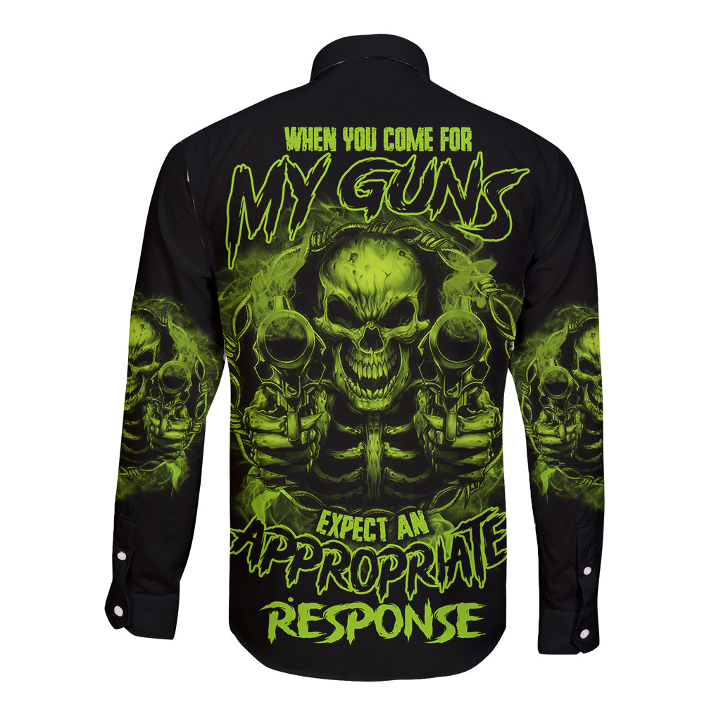 Black long-sleeve button shirt with neon green skull graphic on back