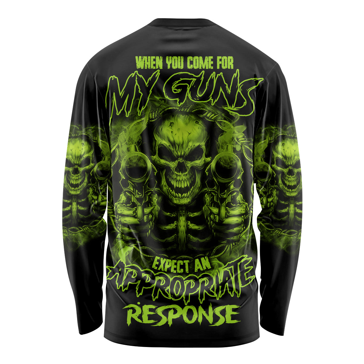 Black long-sleeve graphic T-shirt with neon green skull back print and slogan
