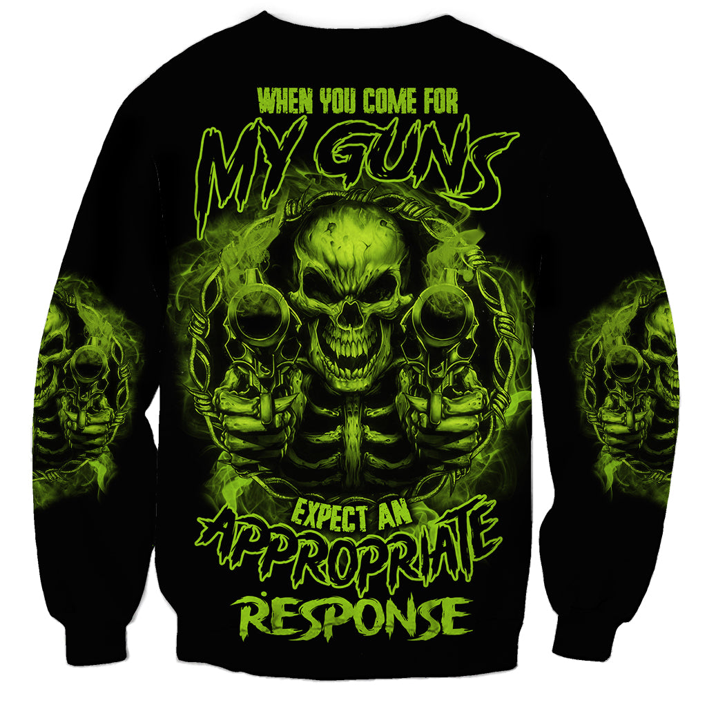 Unisex black sweatshirt with neon green skull front graphic and slogan text