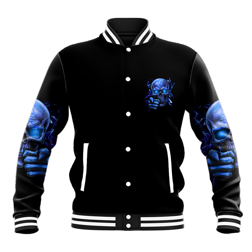 Black baseball jacket with blue skull chest graphic, striped ribbed collar and cuffs