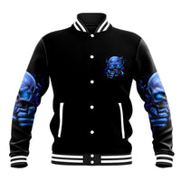 Black baseball jacket with blue skull chest graphic, striped ribbed collar and cuffs