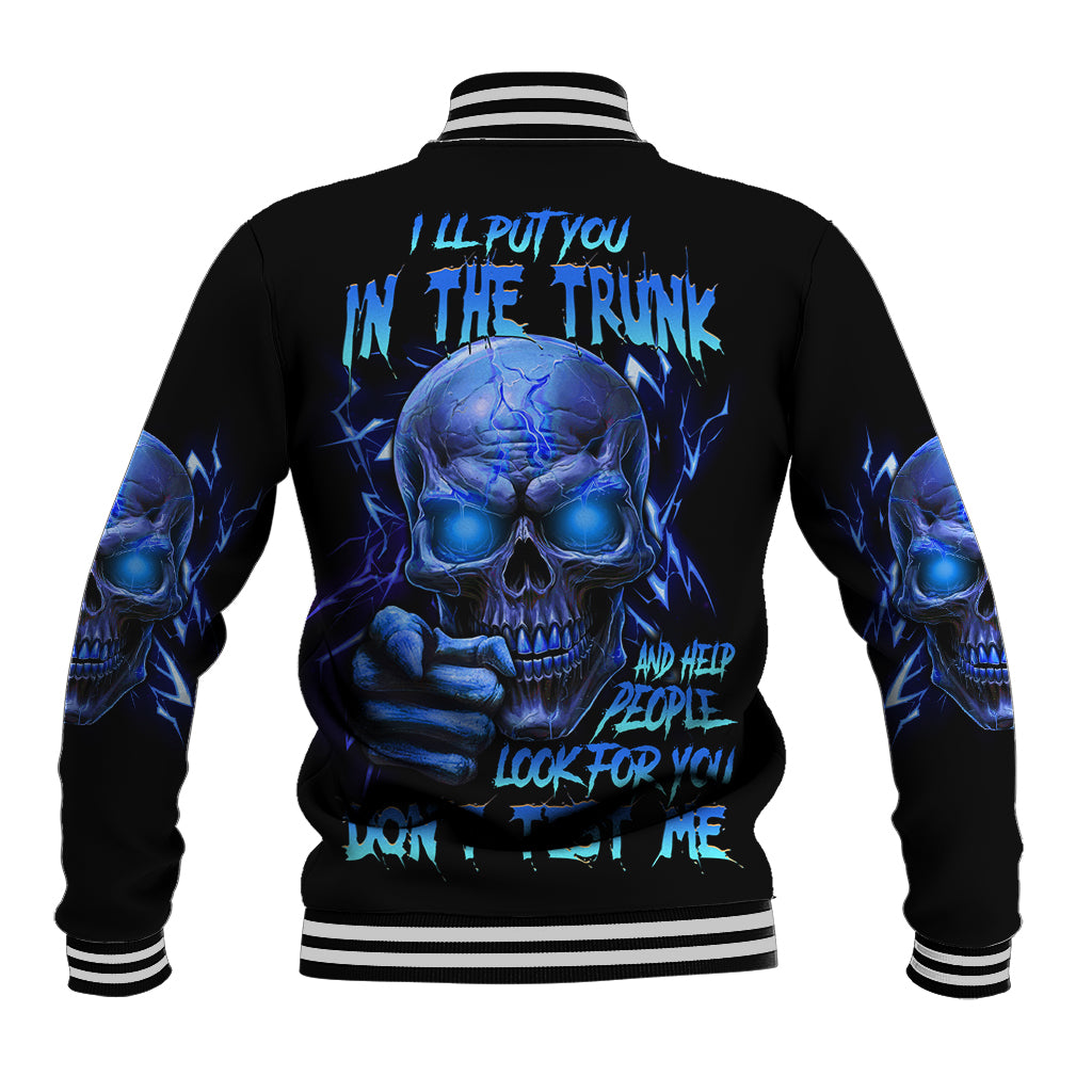 Black baseball jacket with blue skull back graphic, striped ribbed collar and cuffs
