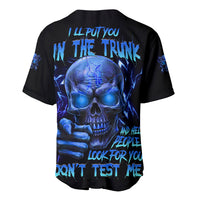 Black baseball jersey with blue skull and bold back graphic text, short sleeves