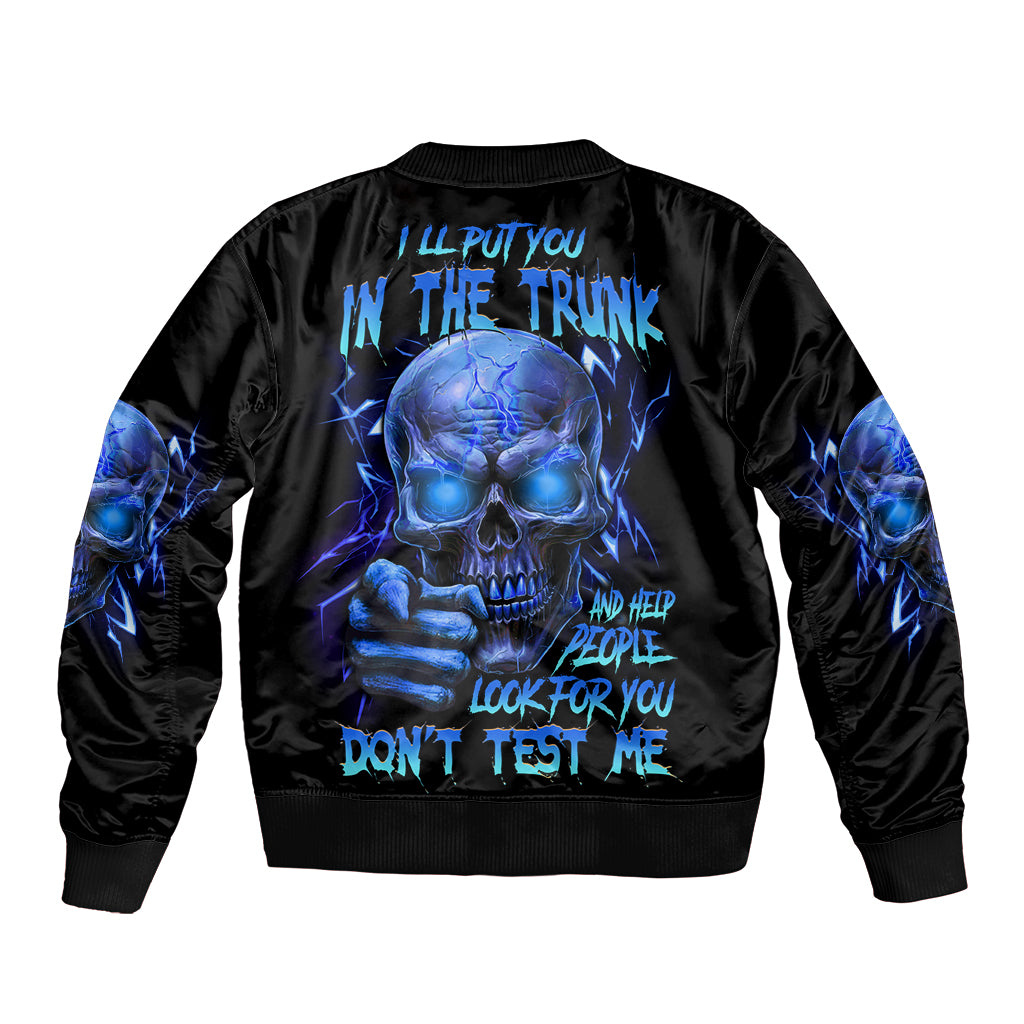 Black unisex bomber jacket with blue skull graphic on the back, ribbed cuffs and hem