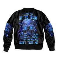 Black unisex bomber jacket with blue skull graphic on the back, ribbed cuffs and hem