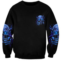Unisex black crewneck sweatshirt with small blue skull graphic and blue sleeve print
