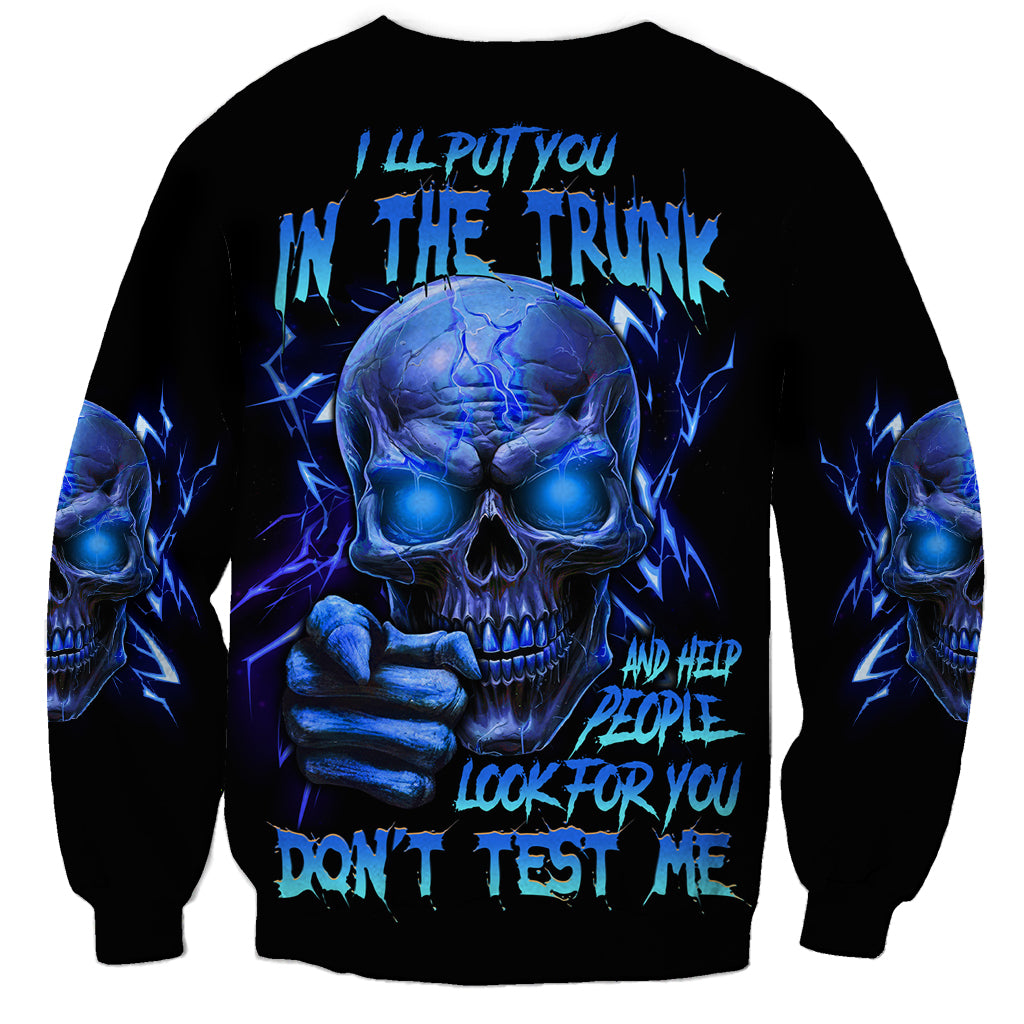 Unisex black crewneck sweatshirt with blue skull and lightning graphic front