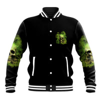 Black baseball jacket with green skull on chest, snap front, striped ribbed collar and cuffs
