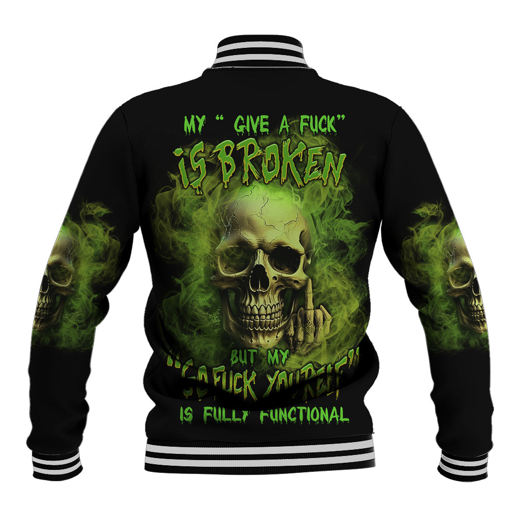 Black baseball jacket with green skull graphic on back, striped ribbed collar and cuffs