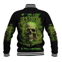 Black baseball jacket with green skull graphic on back, striped ribbed collar and cuffs