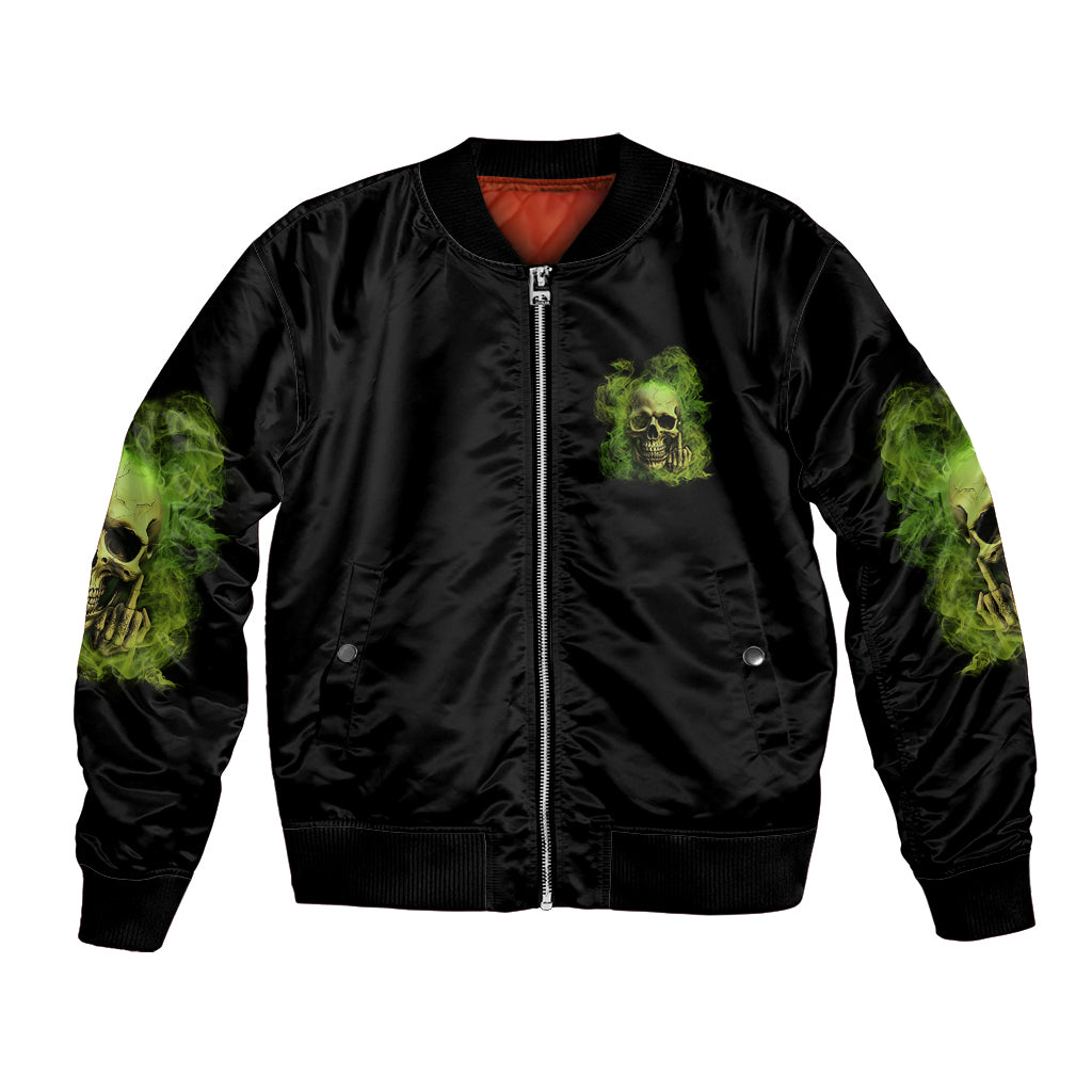 Black bomber jacket with front zip and neon green skull graphic on chest and sleeves