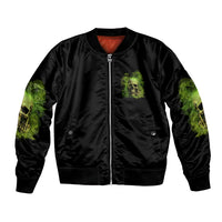 Black bomber jacket with front zip and neon green skull graphic on chest and sleeves